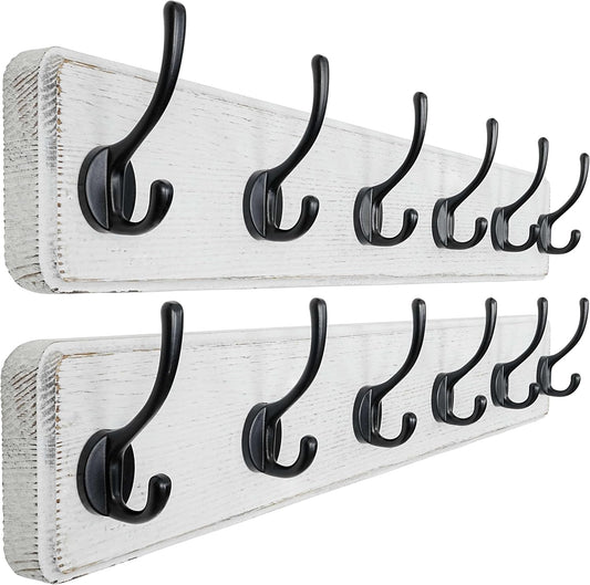 Dseap Wall Mounted Coat Rack: 24" Long, Patented, Heavy-Duty, 6-Double-Hooks Wooden Hanger Rail for Winter Coats, Hat, Jacket, Clothing - White & Black, Pack of 2