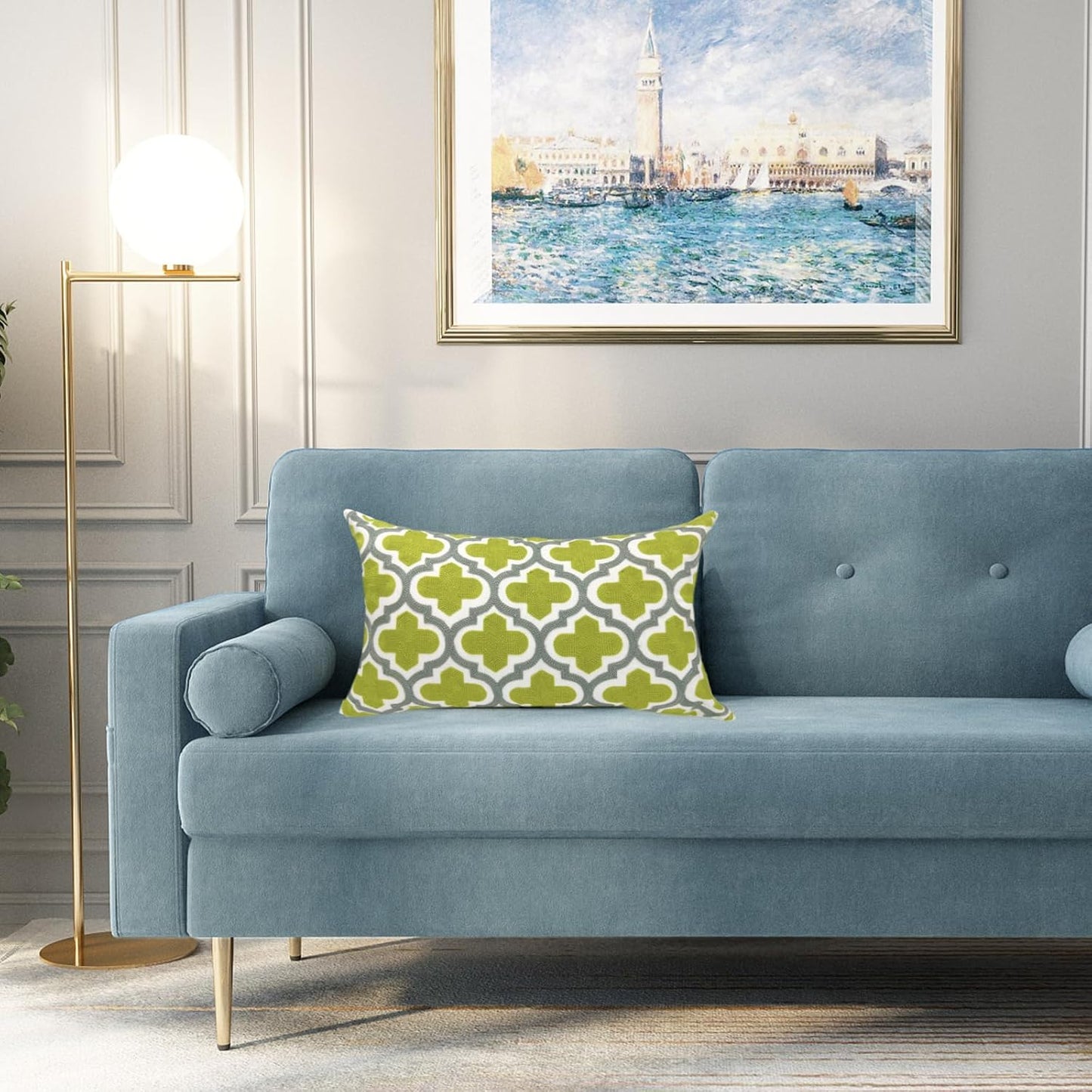 Alysheer Embroidered Lumbar Decorative Throw Pillow Cover 12"x 20", Classic Boho Geometric Embroidery Pattern Cotton Rectangular Cushion Case for Sofa Couch Living Room Bedroom(Green Grey)