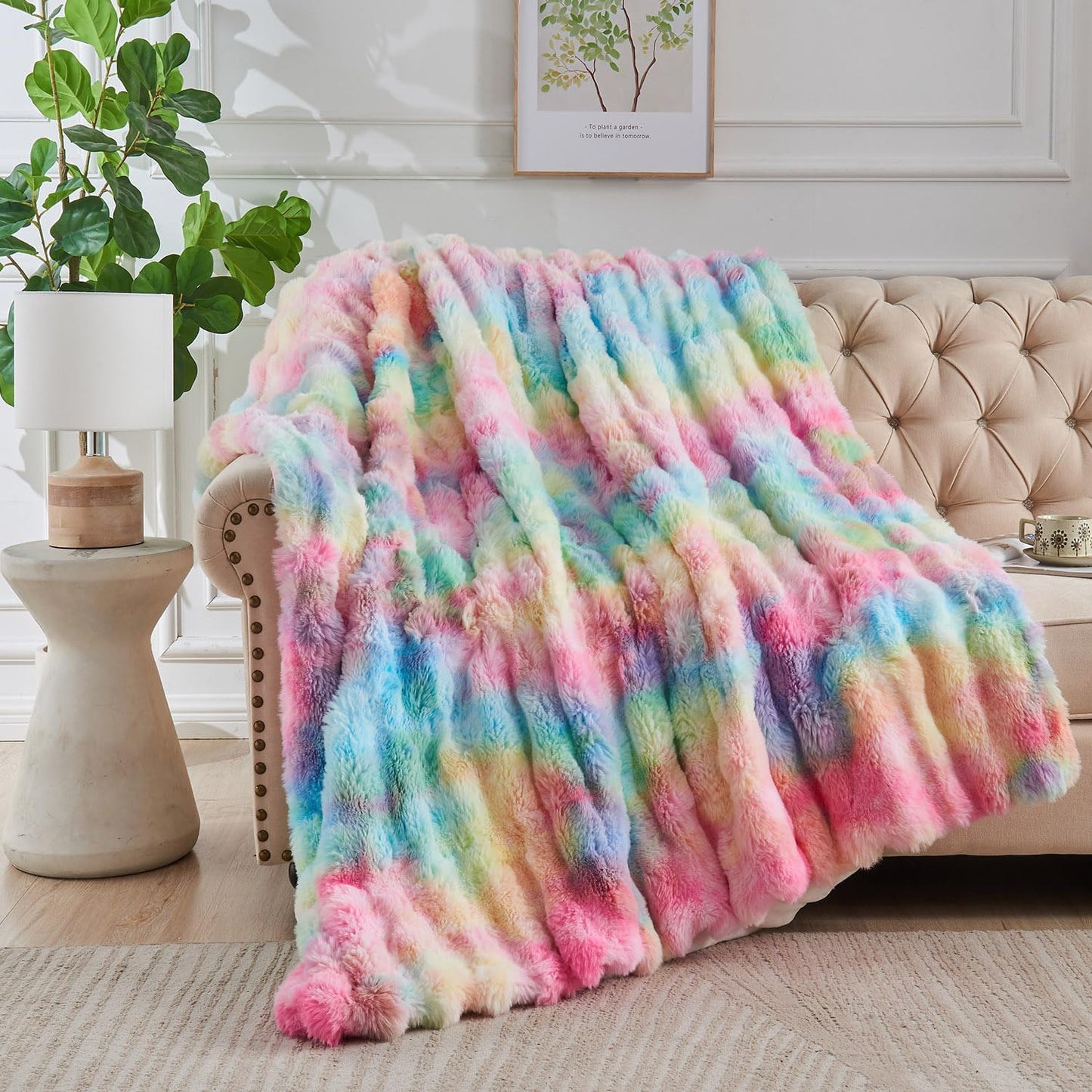 Lotus Karen Faux Fur Throw Blanket Rainbow - Big Bubble Rabbit Fluff Blanket for Couch, Small Fluffy Fuzzy Cozy Blanket, Thick Furry Plush Shaggy Blankets, 50x60 Inches