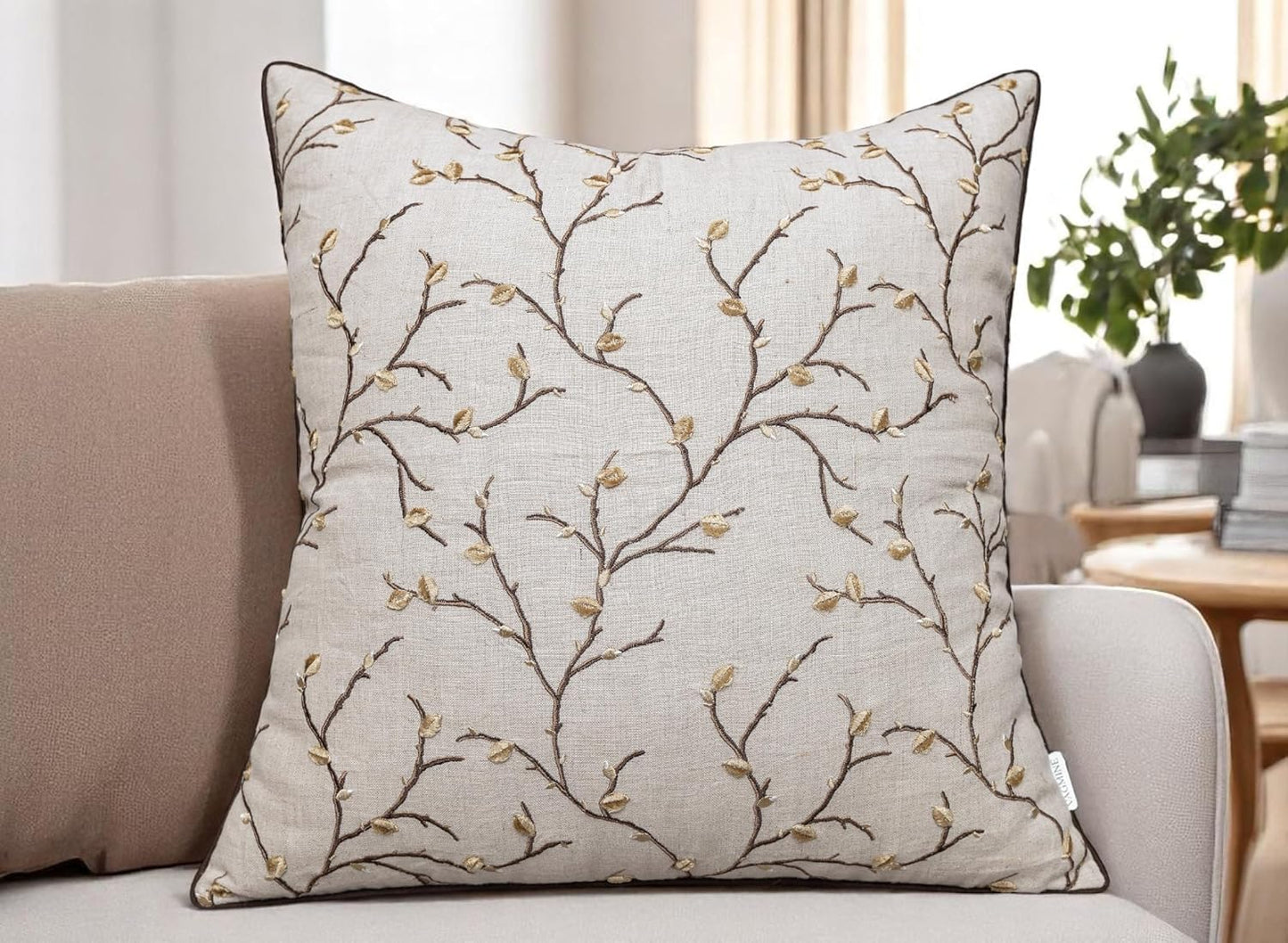 VAGMINE Embroidered Pussy Willow Throw Pillow Cover - 18x18 Inches Square - 100% Linen Natural Decorative Cushion Cover - Floral Embroidery - Cozy Farmhouse & Boho Accent for Sofa, Couch, Bedroom