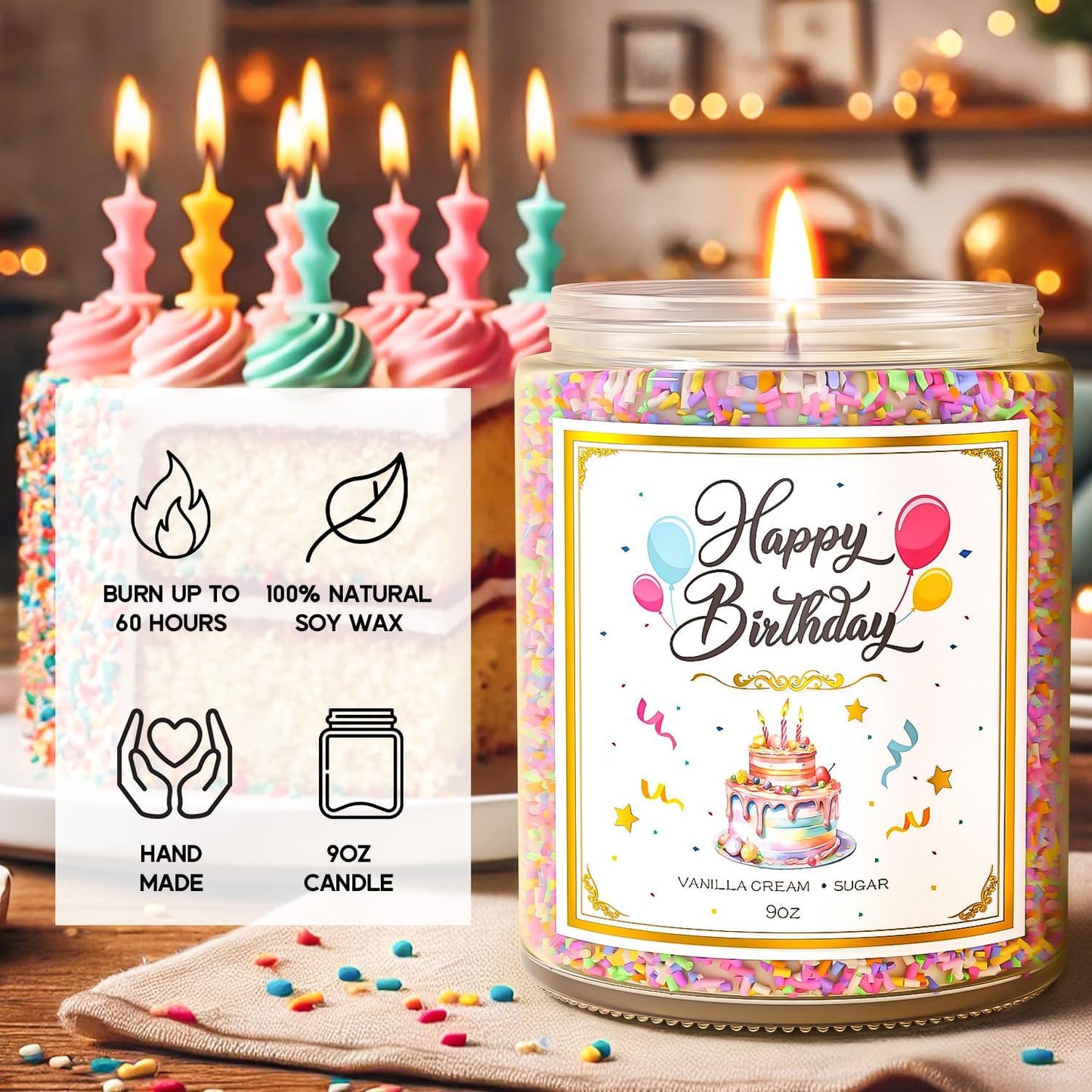 Birthday Candles - 9 oz Happy Birthday Candle with Vanilla Birthday Cake Scent, Gifts for Women & Men, Friendship Ideas
