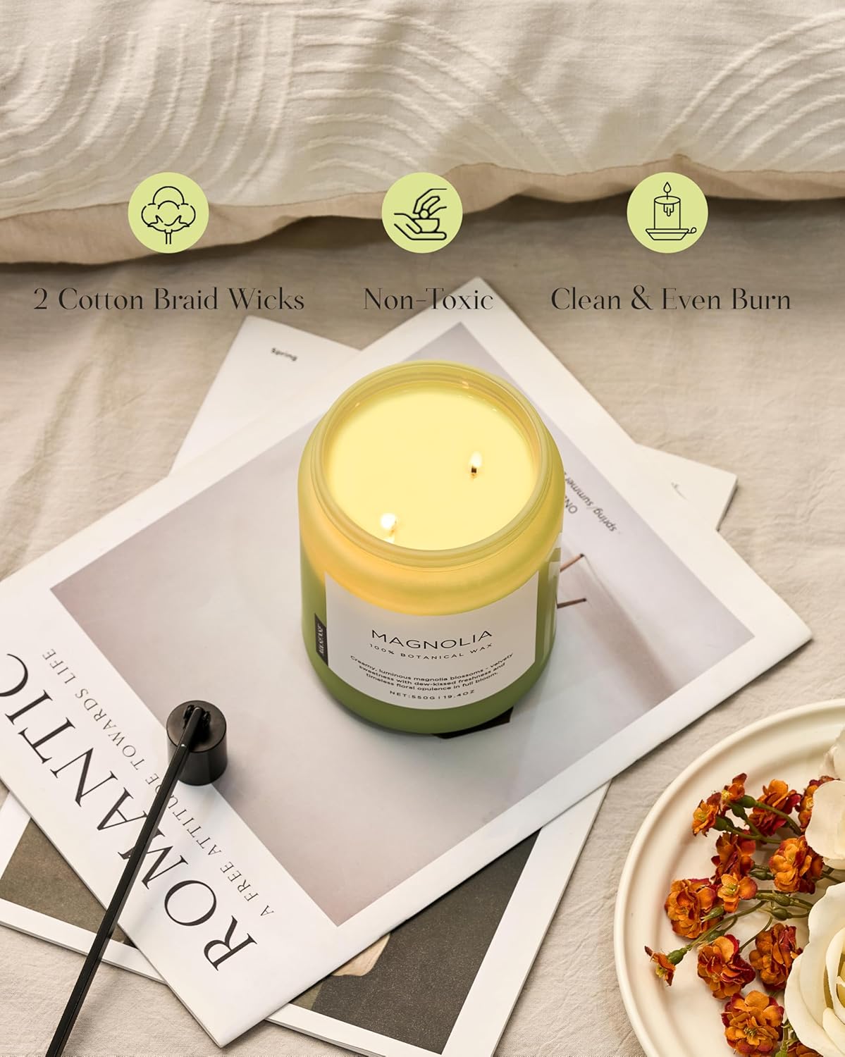 M&SENSE Magnolia Jasmine Romantic Scented Candle, 19.4oz 110 Hours Long Lasting Clean Non Toxic All Natural Soy Wax Candle for Relaxing & Stress Relief, 2 Wick Home Fragrance Gifts for Home Decor