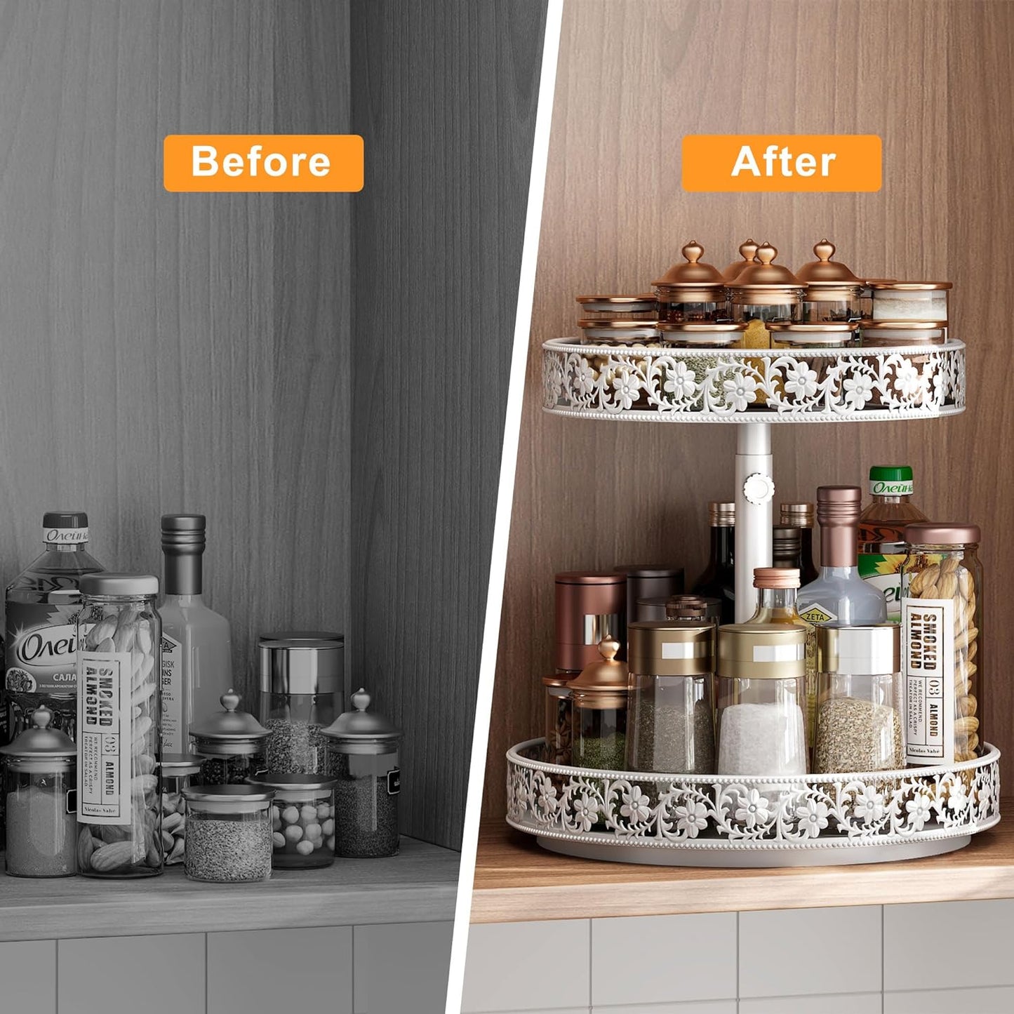 2 Tier Lazy Susan Organizer Turntable Adjustable,12 Inch Two Tier Lazy Susan Metal Easy Assembly Cleaning, Rotating Spice Rack Organizer for Cabinet Dining Table Kitchen Countertop White