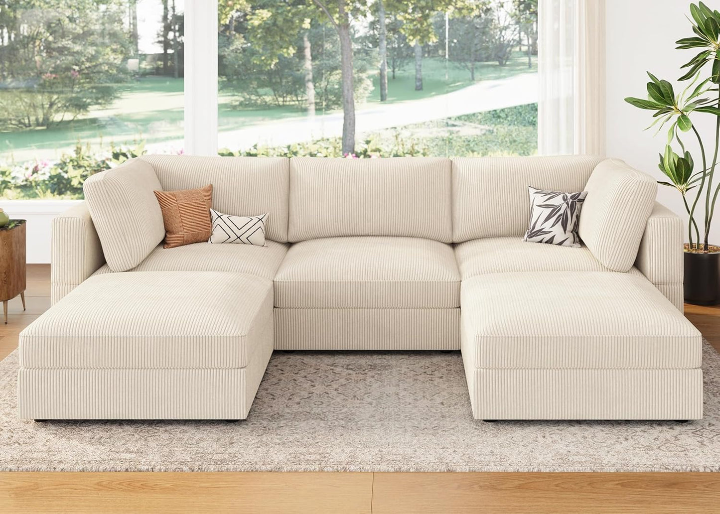 HONBAY Modular Sectional Sofa with Storage Corduroy U Shaped Sofa Modular Sectional Couches for Living Room,Beige