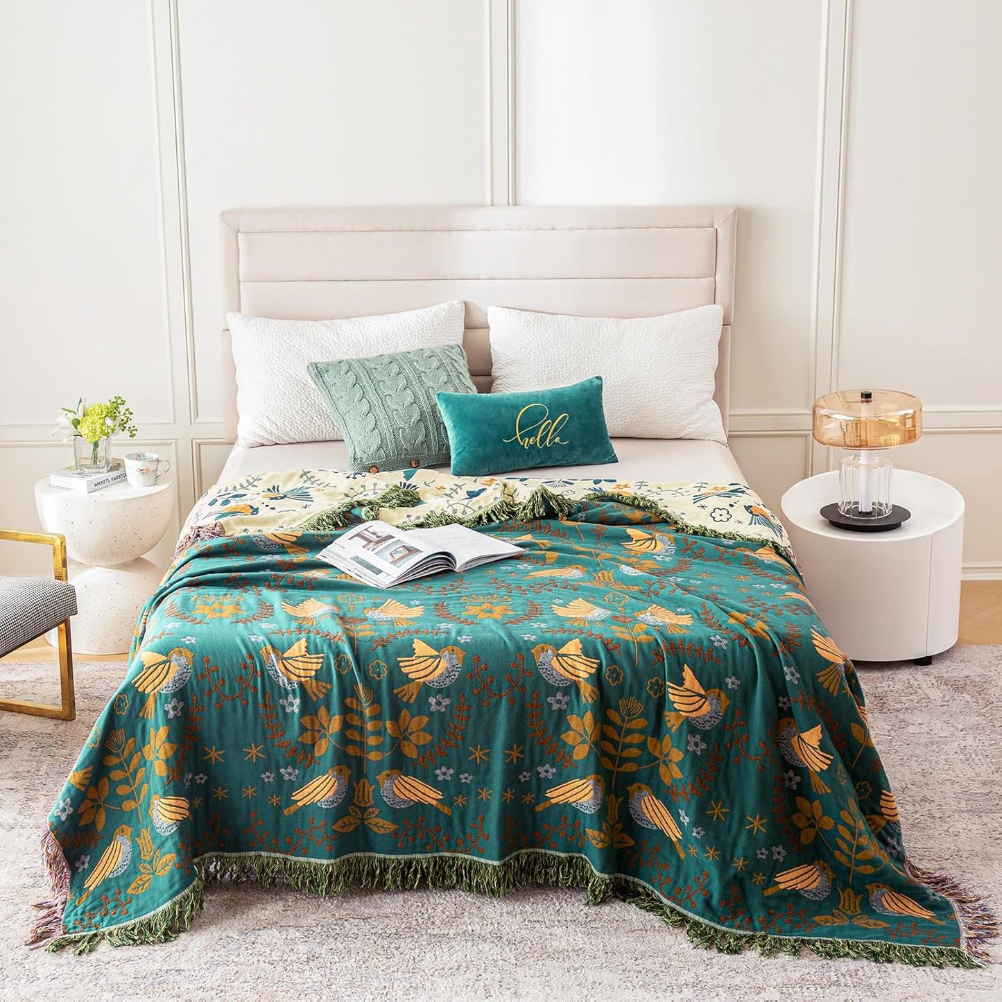 MSGKV Boho Throw Blanket Queen Size Cotton Blanket for Couch and Sofa Living Room Blanket Summer Bed Cozy Gauze Blanket 90" x 90"