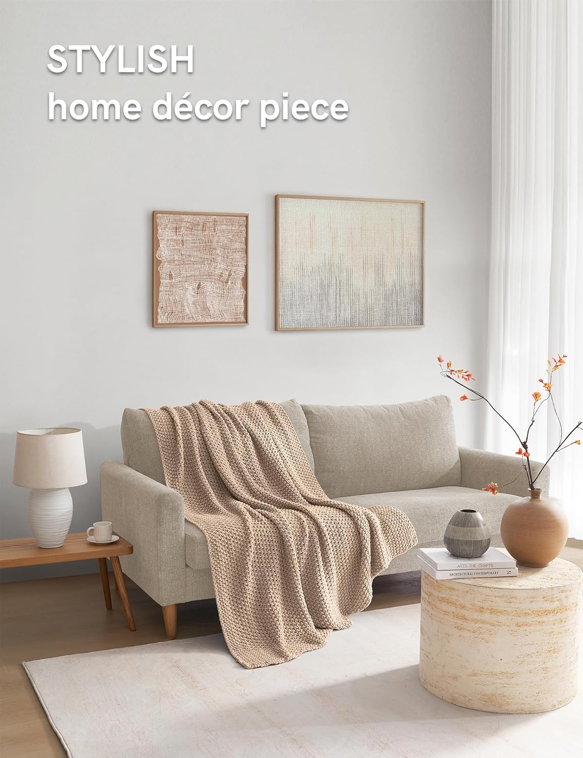 YnM Chunky Cotton Knit Throw Blanket, Cable Knit Throws for Bed Couch Sofa, Comfy & Relaxing, Decorative Piece for Farmhouse Modern Boho Rustic Scandinavian Chic Vibe, Beige 60x80 Inches