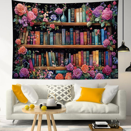 HVEST Bookshelf Tapestry Wall Hanging Pink Floral Green Leaf Watercolor Plant Botanical Aesthetic Tapestry Vintage Library Book Tapestries for Bedroom Living Room Dorm, 51L x 59W Inches