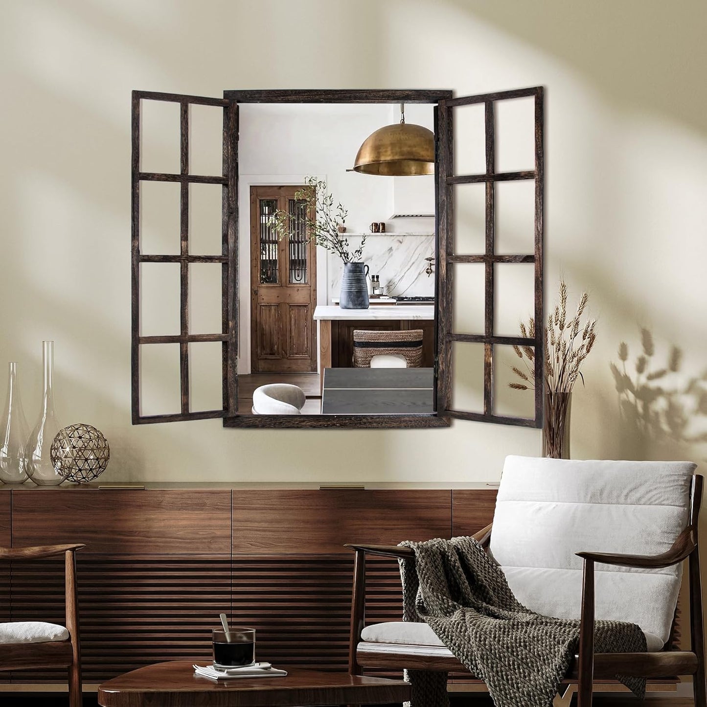 Wall Mirror with Window Design, 38"x26" Rustic Farmhouse Wood Mirror for Wall Decor, Decorative Vintage Mirror for Living Room, Bedroom, Entryway