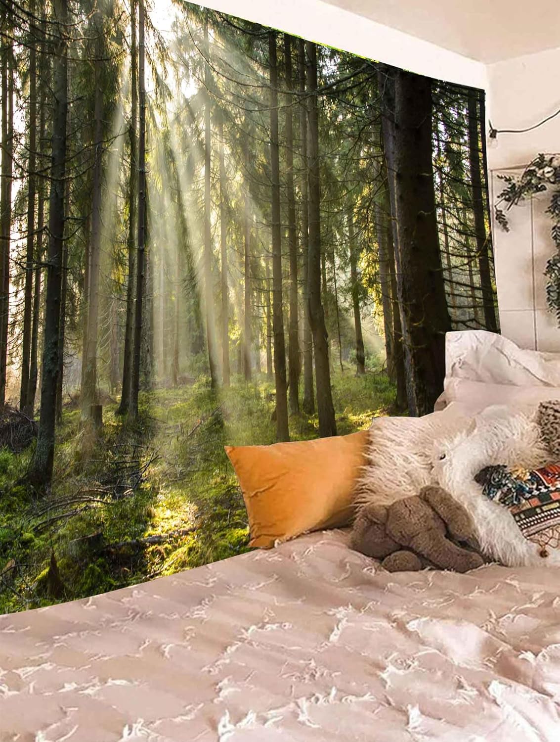 Onivein Forest Tapestry Nature Sunlight Streaming Through Green Trees Wall Hanging for Bedroom Living Room Office Decor 80 x 60 Inches