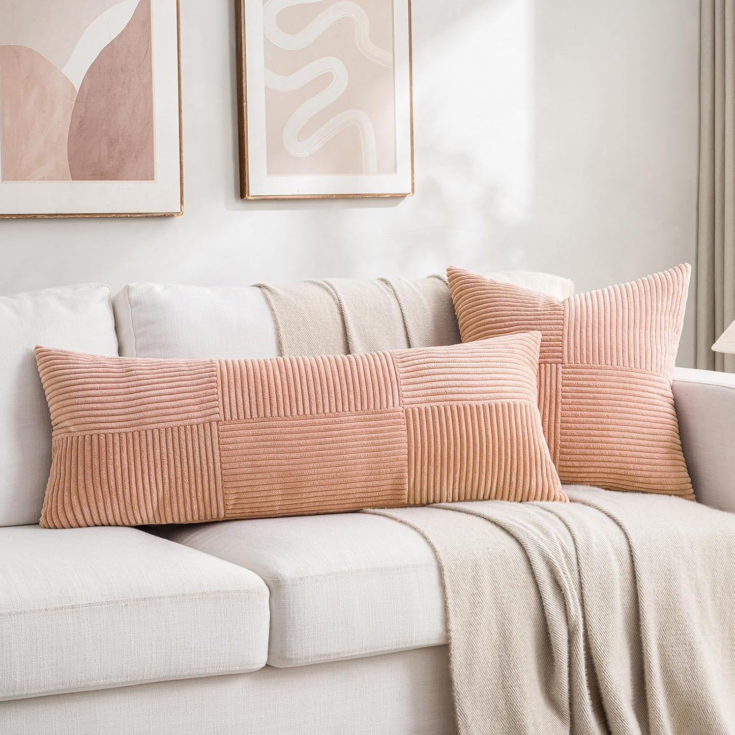 Fancy Homi 2 Packs Peach Lumbar Decorative Throw Pillow Covers 12x20 Inch for Living Room Couch Bed Sofa, Rustic Farmhouse Boho Home Decor, Soft Striped Corduroy Rectangle Accent Cushion Case 30x50 cm