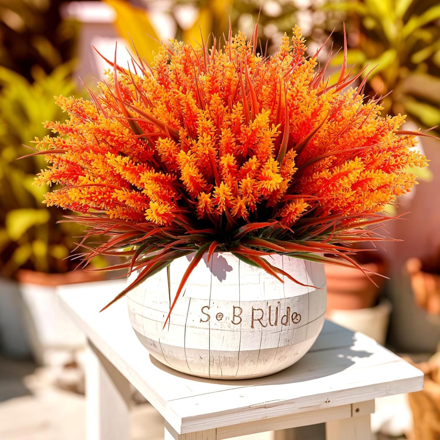 Geegoods 24 Bundles Artificial Fall Flowers Outdoor – Faux Lavender Flowers with Monkey Grass UV Resistant Plastic Faux Plants for Garden Porch Patio Home Decor, Autumn-Orange Color