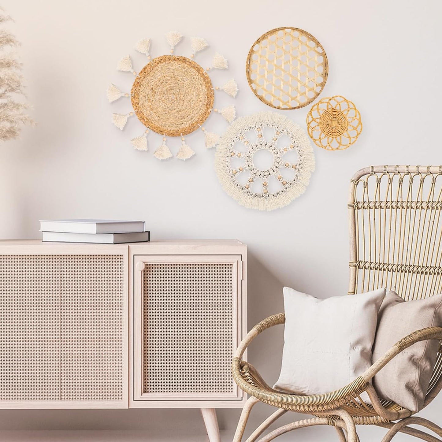 Boho Wall Basket Decor Set of 4 - Flat Woven Basket Wall Hanging Decor,Round Tassels White Macrame Tapestry Wall Decor Art,Handmade Rattan Wicker Seagrass Home Wall Baskets Decor(Wooden Beads Style)
