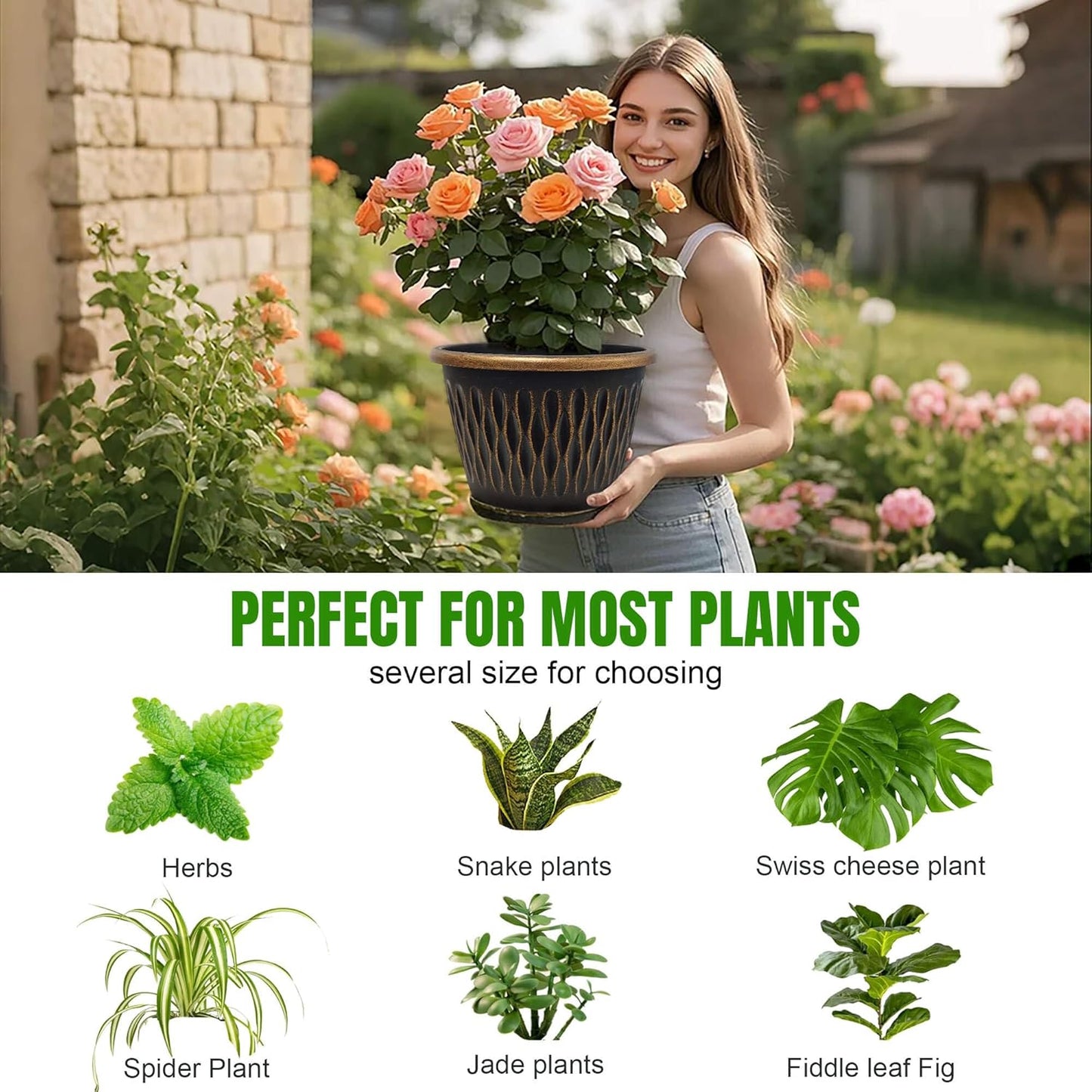 4 Pack 9 Inch Retro Plant Pots, Vintage Striped Flower Pots with Drainage Hole & Saucer, Large Plastic Planters for Indoor and Outdoor Plants, Decorative Garden Pots(Gold)