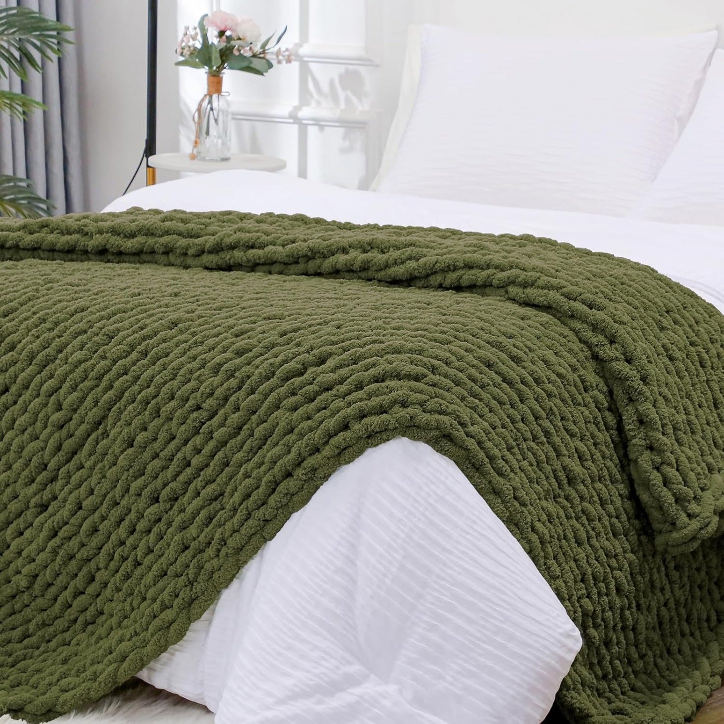 Bigacogo Chunky Knit Throw Blanket for Couch, 51x63 inches, 100% Hand Knitted with Thick Jumbo Chenille Yarn, Cozy Soft Large Rope Knot Cable Crochet Blankets for Sofa Bed Living Room, Yellow Green