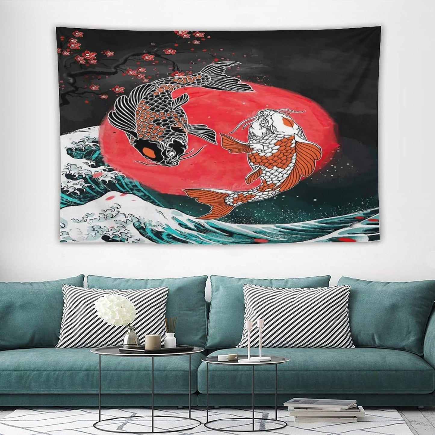 Houselerax Koi Fish Tapestries,Japanese Style Yin Yang Big Wave Cherry Blossoms Tapestry Wall Hanging for Bedroom Living Room Office Decor 90"x60"