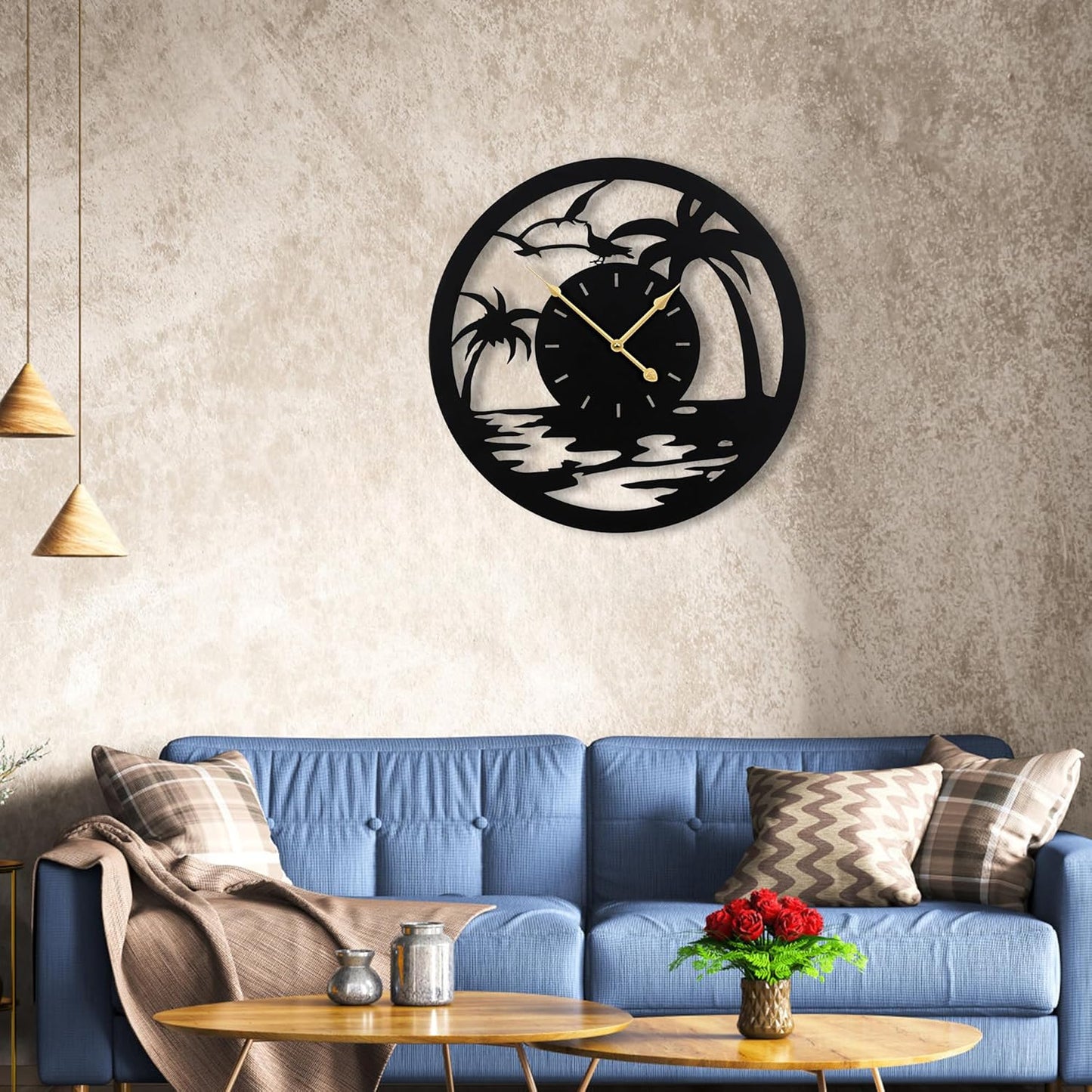 20inches/50cm Wall Clocks Palm Tree Battery Powered No Ticking Silent Round Black Modern Unique Metal Wall Clocks Suitable Living Room Kitchen Bedroom Fireplace Office Farmhouse。