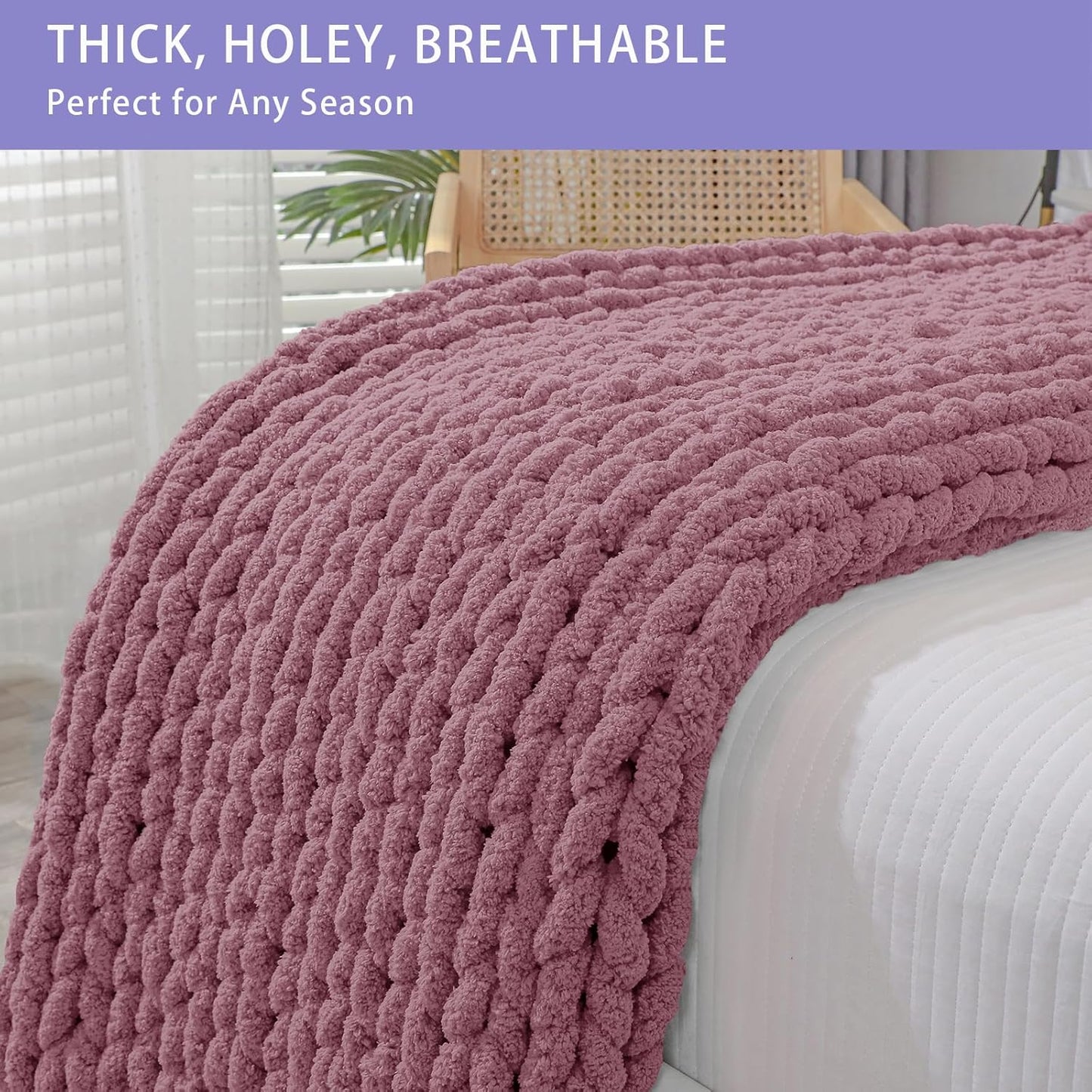 Bigacogo Chunky Knit Throw Blanket for Couch, 40x60 inches, 100% Hand Knitted with Thick Jumbo Chenille Yarn, Cozy Soft Large Rope Knot Cable Crochet Blankets for Sofa Bed Living Room, Burnt Rose