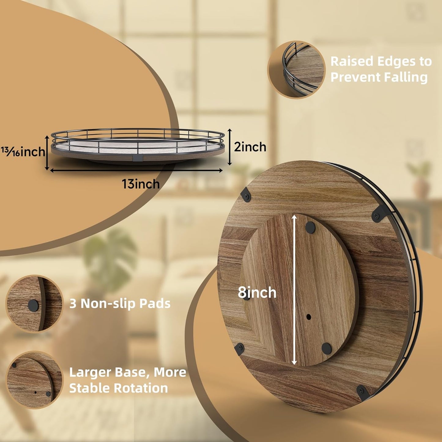 Acacia Wood 13" Lazy Susan Turntable Organizer for Table Top, Farmhouse Round Wooden Lazy Susan for Cabinet Kitchen Centerpieces Coffee Table, for Condiments Spices, Bathroom Vanity Tray Decor