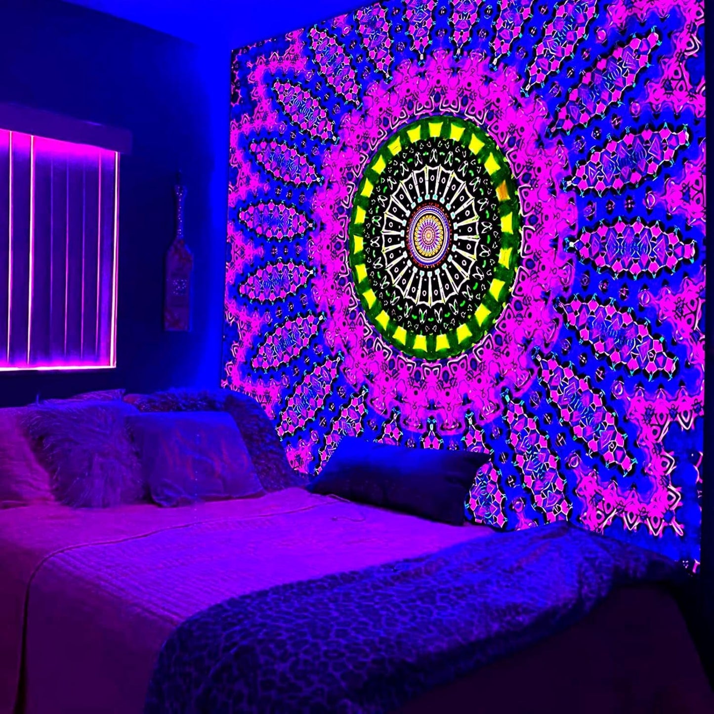Blacklight Mandala Tapestry for Bedroom, Black Light Posters for Adults and Teens, Red UV Reactive Aesthetic Bohemian Wall Art Decor (40 x 30 Inches)