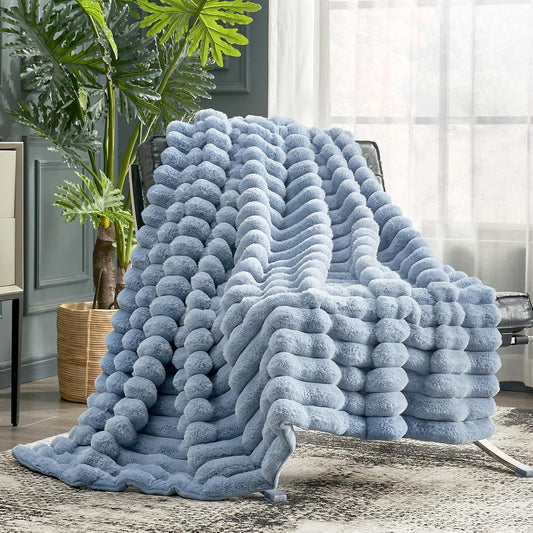 Cozy Bliss Faux Fur Throw Blanket for Couch, Cozy Warm Plush Striped Blanket for Sofa Bedroom Living Room,50 * 60 Inches Light Blue