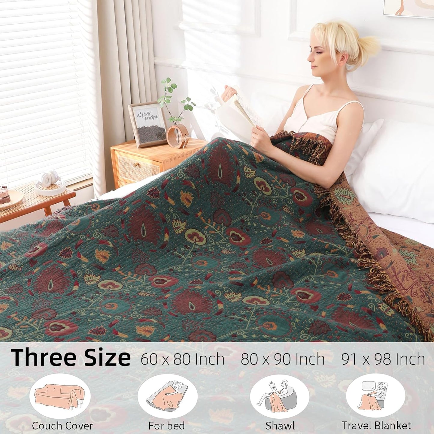 Boho Throw Blanket for Bed - 100% Pure Cotton Ultra Soft Rustic Quilt - Farmhouse Decor Bed Blankets, All Season Rustic Throw for Sofa Couch Chair(80''x 90'', Floral)