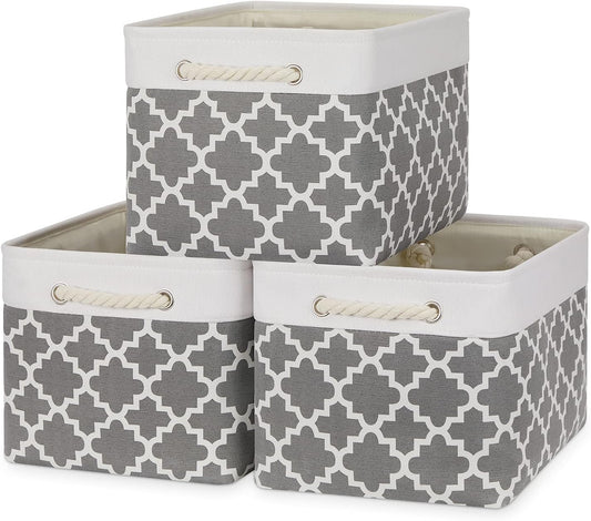 Bidtakay Basket Storage Bins Baskets for Organizing Set of 3 Collapsible Cloth Storage Linen Closet Organizer 15 X 11 X 9.5 Inches Large Foldable Baskets for Shelves (White&Quatrefoil Grey)
