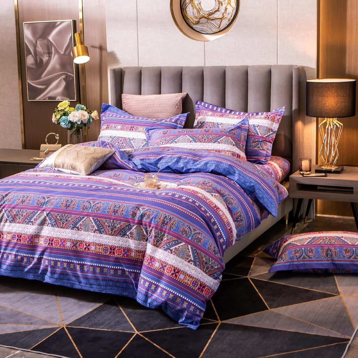 ABREEZE Bohemian Vintage Cal.King Size Floral Cotton Bedding Set 3Pcs Duvet Cover Set Boho Purple Paisley 100% Egyptian Brushed Cotton Reversible Home Bedding Collection