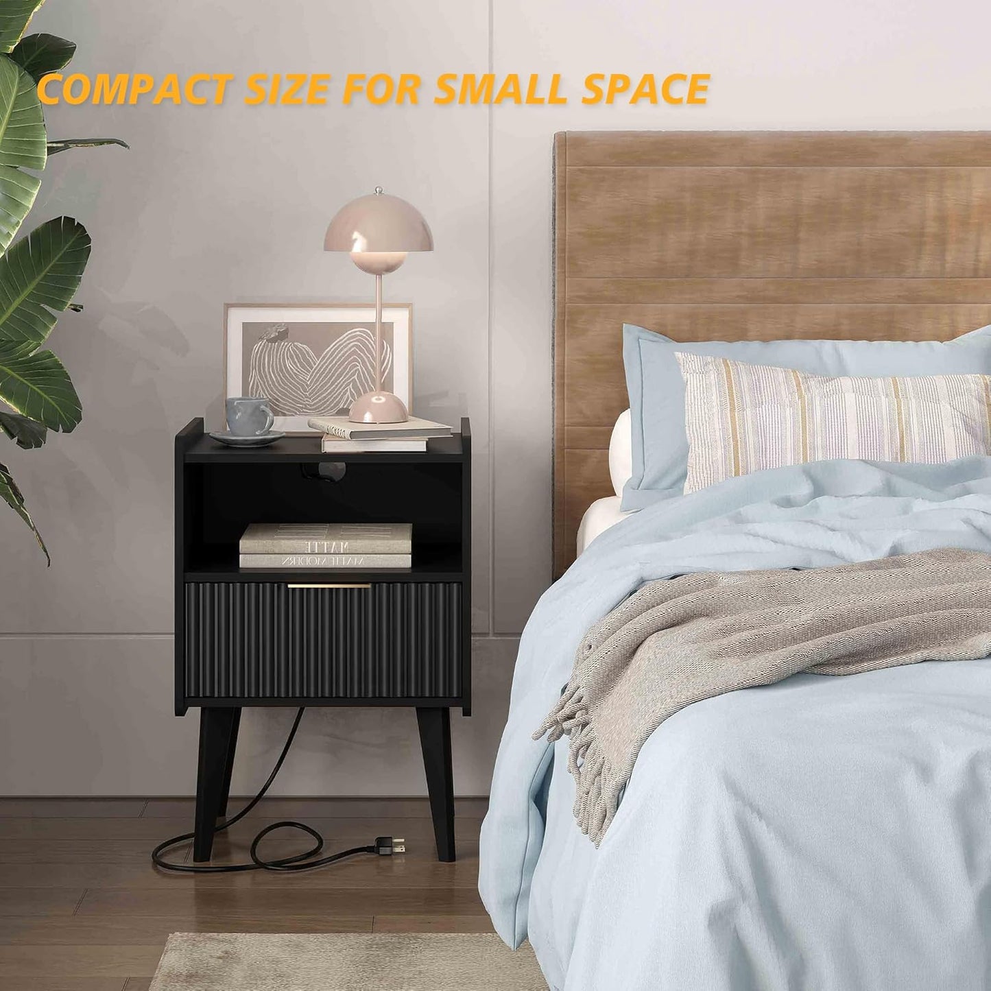 Fluted Nightstand with Charging Station, Modern Bedside Table with Drawer,Black Nightstand with Solid Wood Legs, End Table,Side Table for Living Room,Bedroom Black CTG57BKE