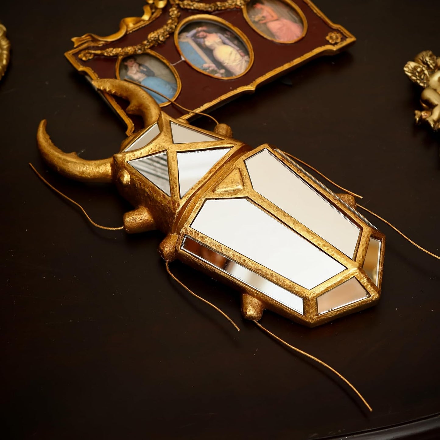 Decorative Bug Insects Beetle Mirrors - Gold Resin and Glass Wall Decor, Perfect for Victorian and European Themed Homes (Sheep Horn Beetle)