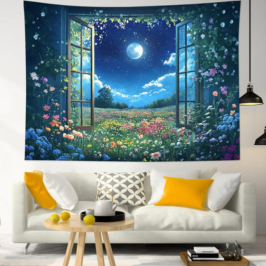 LB Wildflower Moon Tapestry, Window Forest Plant Green Leaf and Garden Colorful Floral Wall Tapestry for Bedroom, Night Sky Wall Art for Living Room Dorm Home Decor Ready to Hanging, 48 x 36 Inches