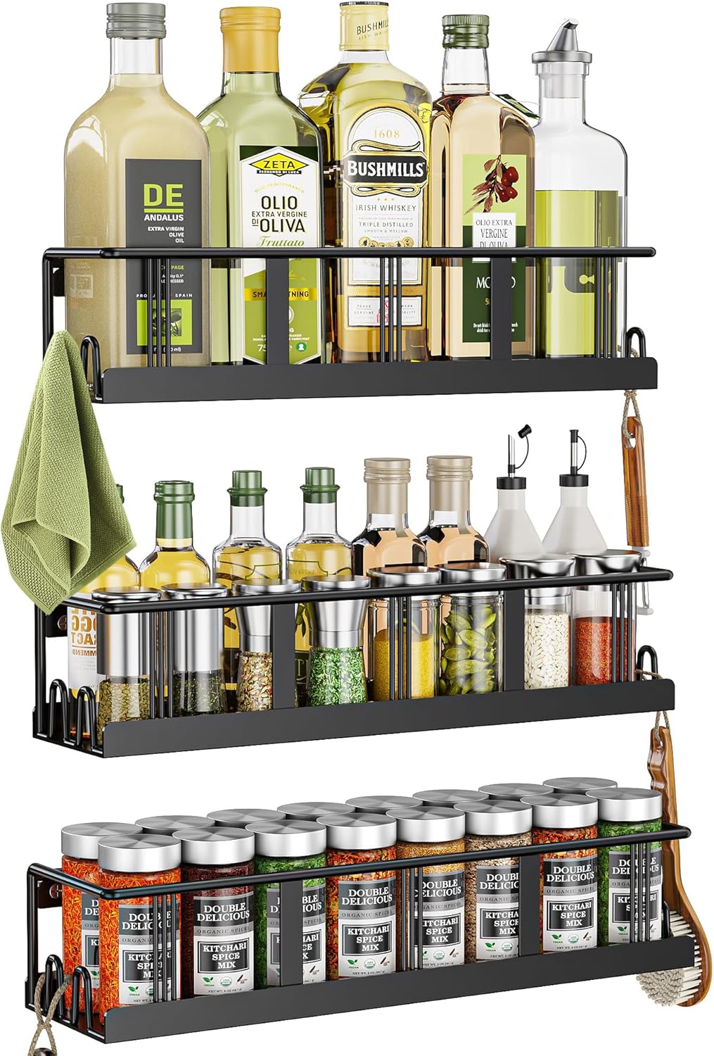 Spice Rack Wall Mounted 3 Pack, Space-Saving Spice Organizer for Spice Jars and Seasonings,Screw or Adhesive Hanging Spice Rack Organizer for Your Kitchen Cabinet,or Pantry Door