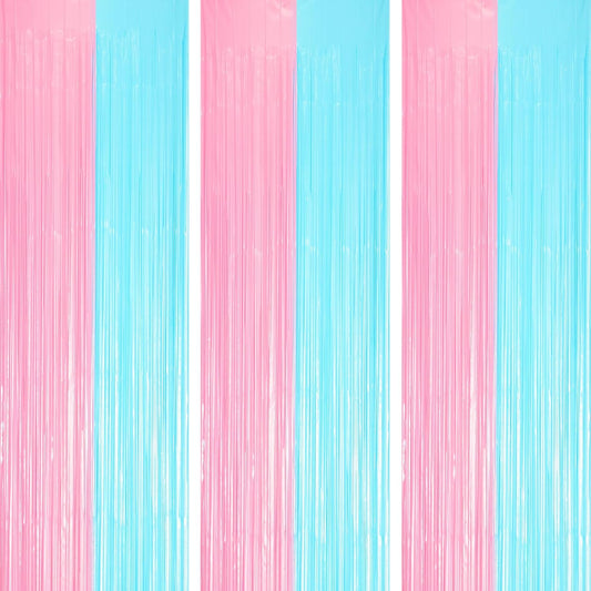 3 Pack 3.3 x 8.2 ft Pastel Blue and Pink Foil Fringe Backdrop Curtains, Tinsel Streamers Party Decorations, Fringe Backdrop for Grender Reveal, Baby Shower, Birthday Party
