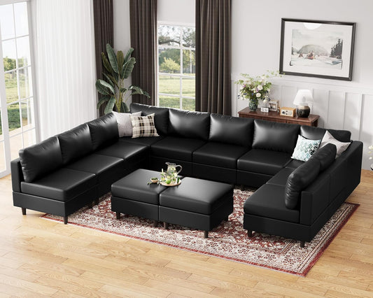 ABCASA Oversized 145.5" Faux Leather Modular Sectional Sofa, Modern Large 12 Seater U Shaped Couch with Storage Seat with Reversible Chaise Deep Seat for Living Room DIY Combination - Black
