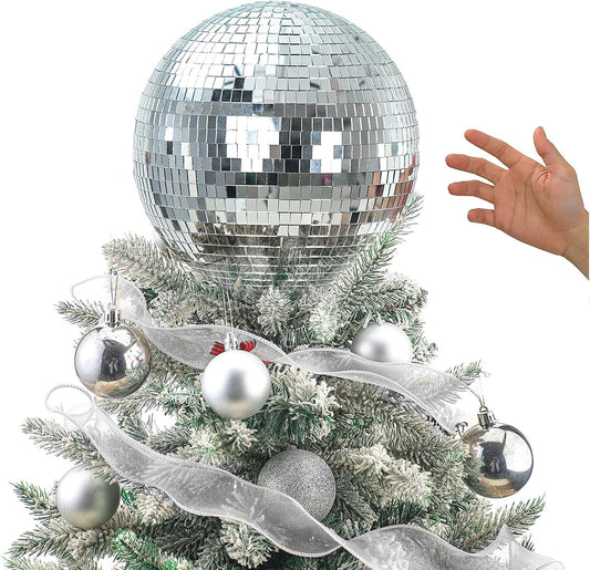 Retisee 6'' Disco Ball Christmas Tree Topper Silver Mirror Xmas Tree Topper 3D Hollow Silver Disco Ball Decor for 70s Holiday Wedding Birthday Party Decorations