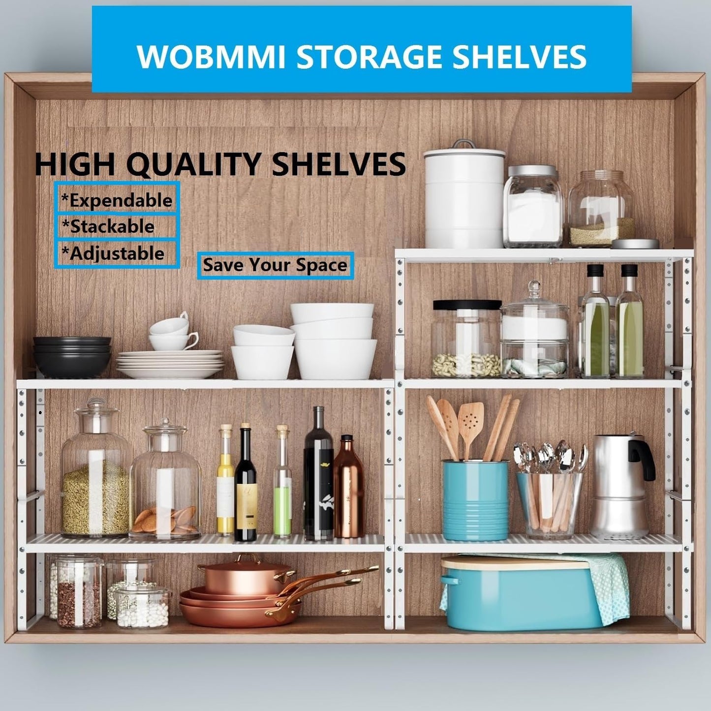 Expandable,Adjustable & Stackable Spice Rack, Cabinet Kitchen Countertop Shelf Organizer,Metal Pantry Storage Shelves - Space-Saving Storage Solution(2Packs/White/Large)