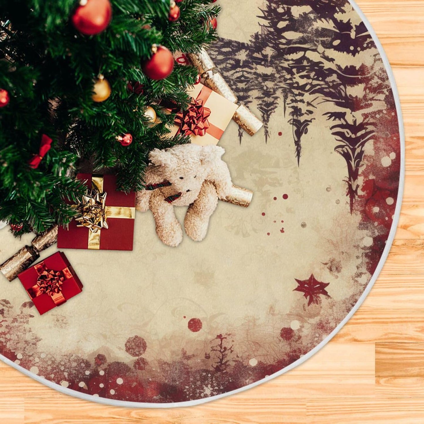 Vintage Red Elk Christmas Tree Skirt - 36 Inch Xmas Tree Mat for New Year Party Decorations