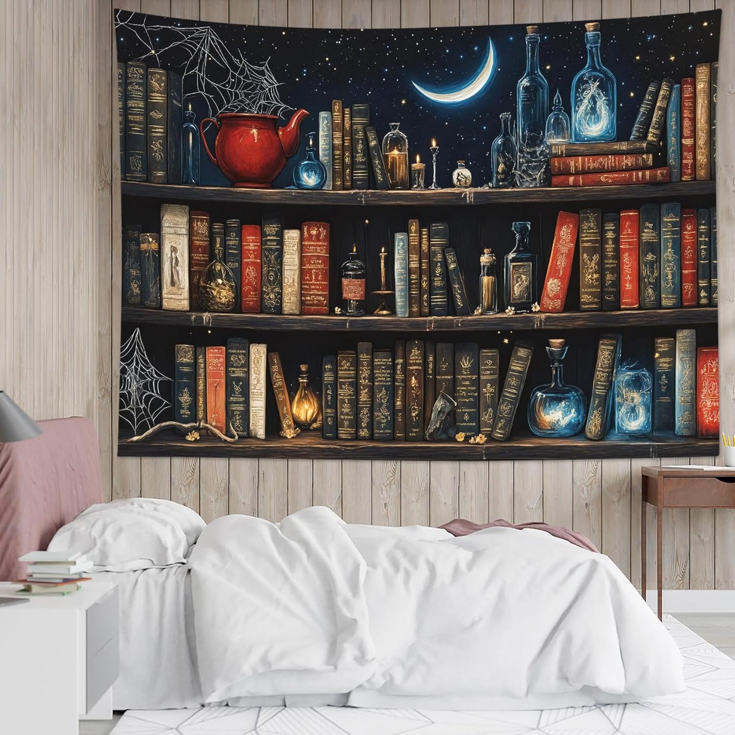 LB Fantasy Bookshelf Tapestry, Horror Spider and Vintage Book with Moon Wall Tapestry for Bedroom Aesthetic, Trippy Galaxy Wall Art for Living Room Dorm Home Decor Ready to Hanging, 59 x 51 Inches