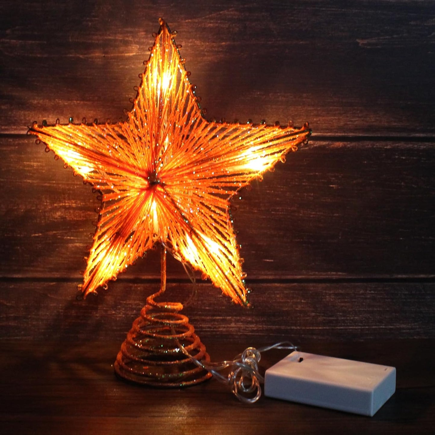 CVHOMEDECO. Orange Glittered 3D Tree Top Star with Warm White LED Lights and Timer for Christmas Tree Topper Decoration and Holiday Seasonal Décor, 8 x 10 Inch