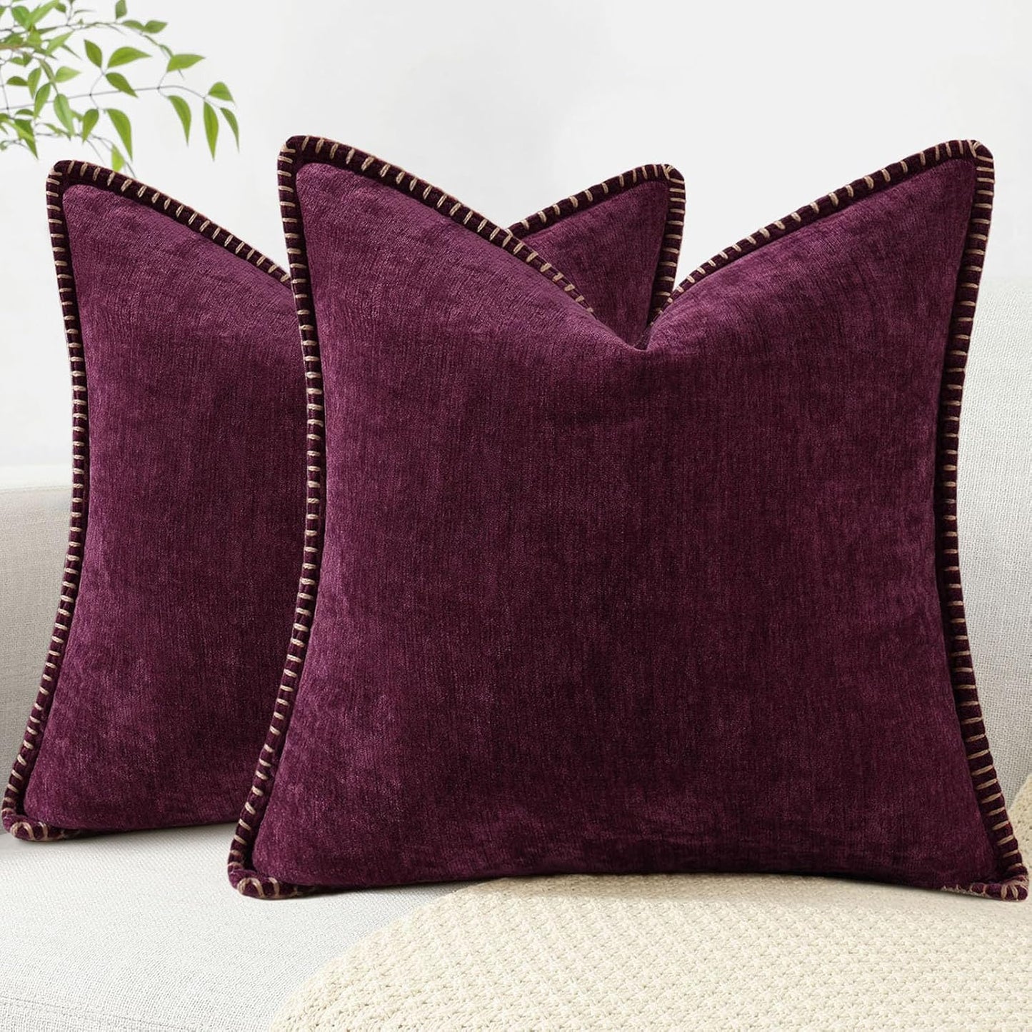 decorUhome Chenille Soft Throw Pillow Covers 20x20 Set of 2, Farmhouse Velvet Neutral Decorative Euro Pillow Covers with Stitched Edge for Couch Sofa Bed Home Decor, Rhododendron