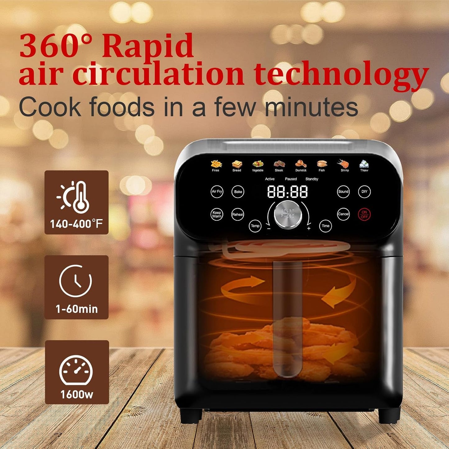 Air Fryer, 6.2QT Air Fryer Oven with LED Digital Touchscreen, 12 Preset Cooking Functions Air fryers, Bake, Reheat, Keep Warm, Nonstick and Dishwasher-Safe Basket, Stainless Steel/Black