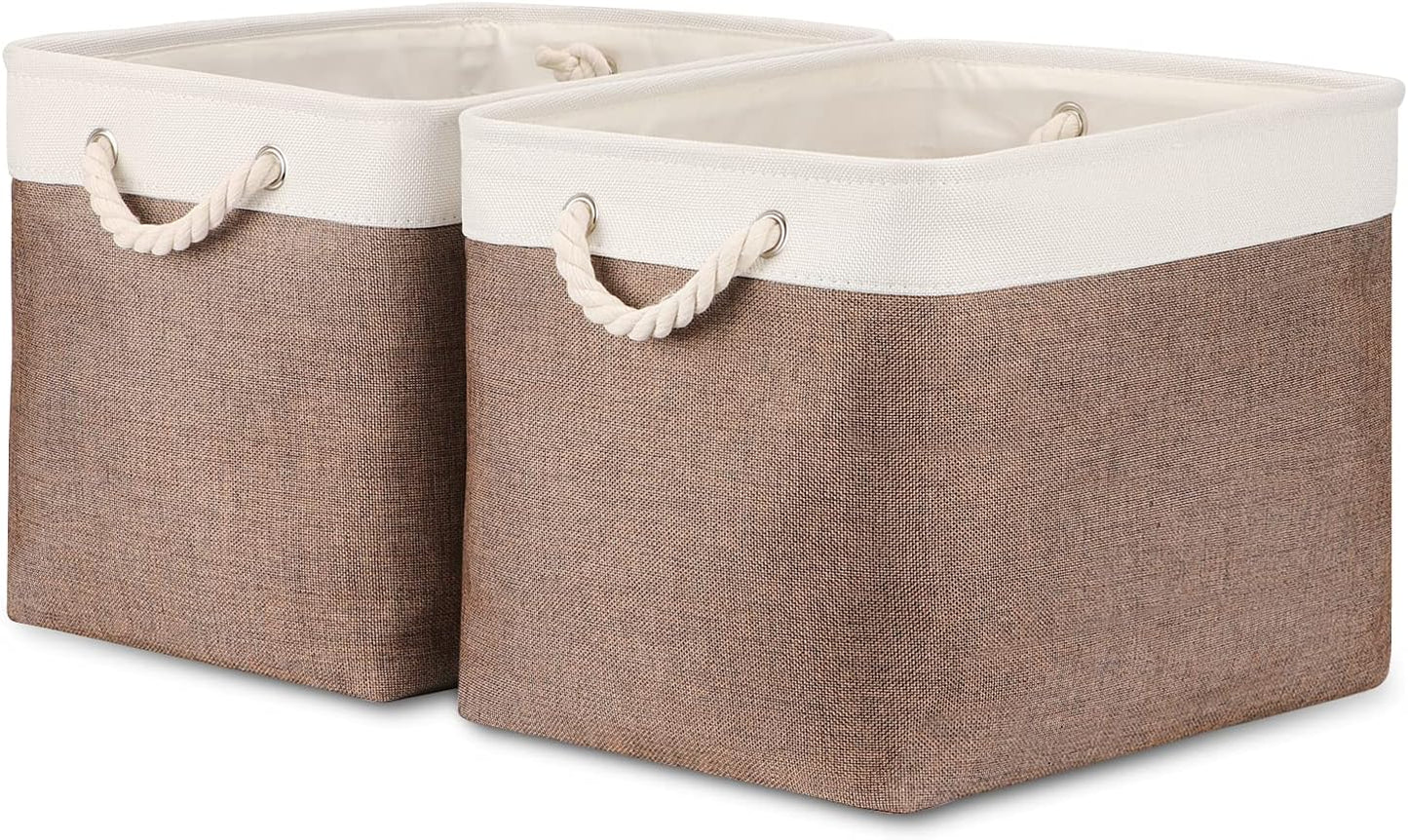 Bidtakay Large Storage Baskets with Handles for Organizing 16" x 11.8" x 11.8" Rustic Shelf Baskets [2-Pack] Foldable Clothes Baskets Fabric Collapsible Bins for Closet (White&Earthy Brown)