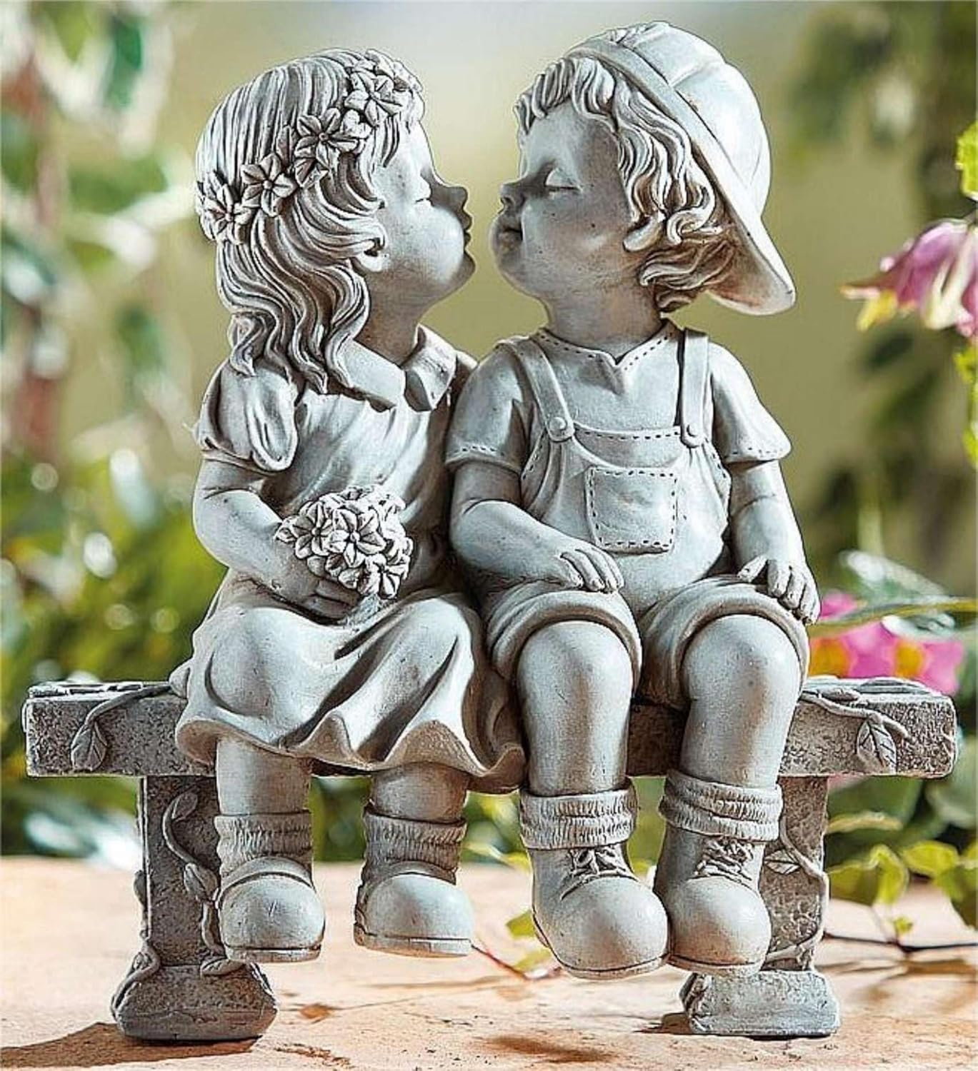 Elenon Boy and Girl Garden Statue Outdoor Decorative, Couple First Kiss Garden Sculpture for Yard Patio Art Flower Bed Decoration, 8 1/4" L x 4 3/4" W x 9" H
