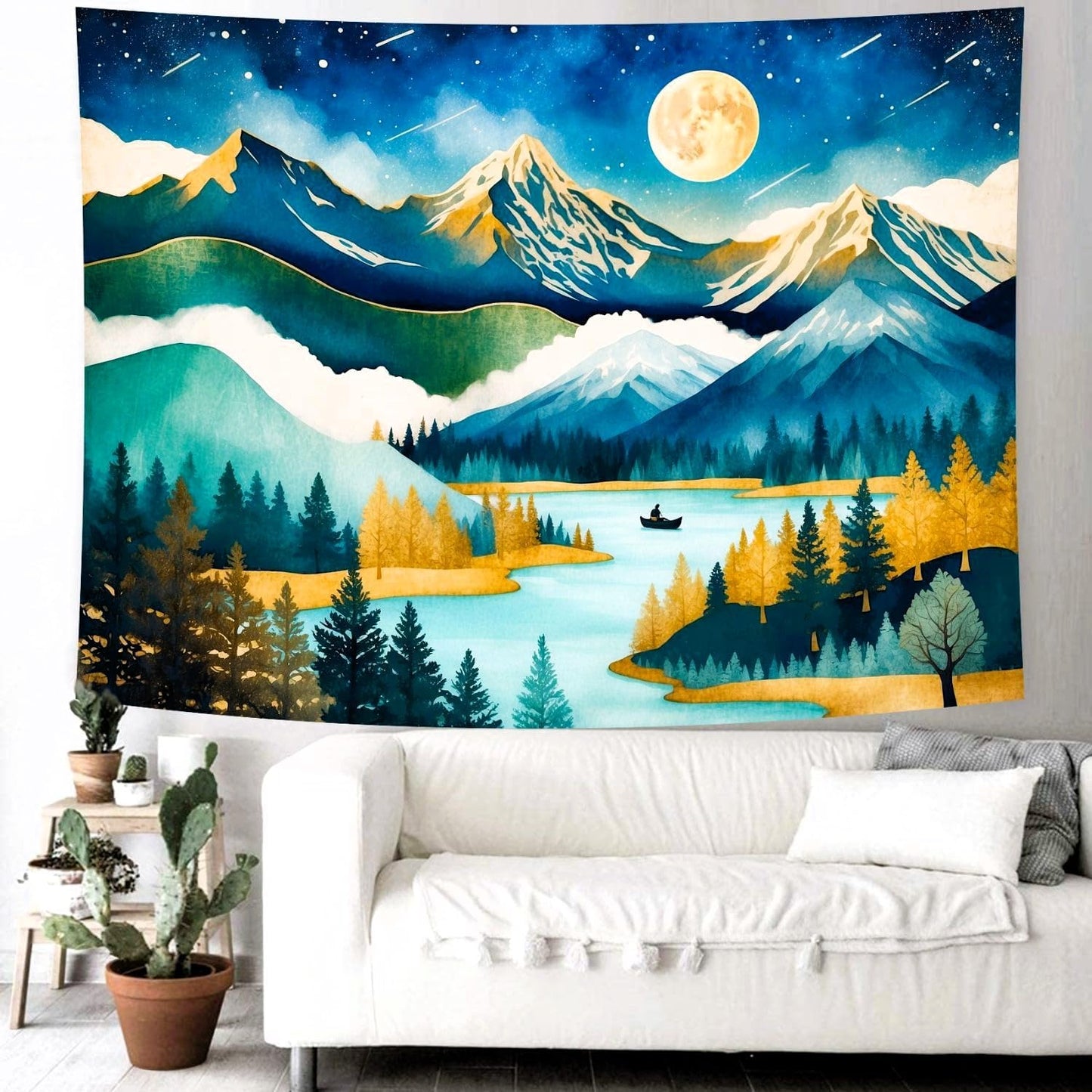 Delur Mountain Tapestry Boho Moon Stars Starry Night Tapestry Wall Hanging Forest Tree Nature Landscape Psychedelic Headboard for Bedroom Living Room Home Decor (59.1" x 78.7")