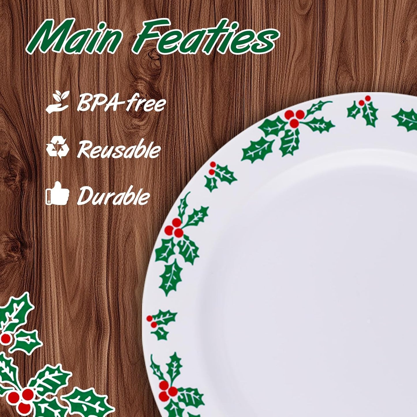 WDF 350pcs Christmas Plates and Napkins Set - Exquisite Holly Design - Christmas Dinnerware Set of 50 Christmas Plastic Plates 50 Red Silverware Set&Cups&Christmas Napkins