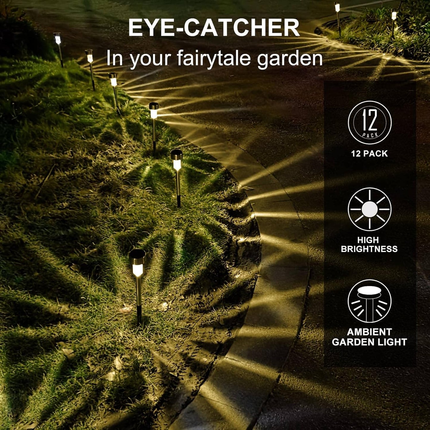 Solar Lights Outdoor Waterproof, , Solar Garden Lights Solar Powered, Stainless Steel LED Landscape Lighting Outdoor Solar Lights for Yard, Pathway, Walkway, Patio , Lawn - 12 Pack (Warm White)