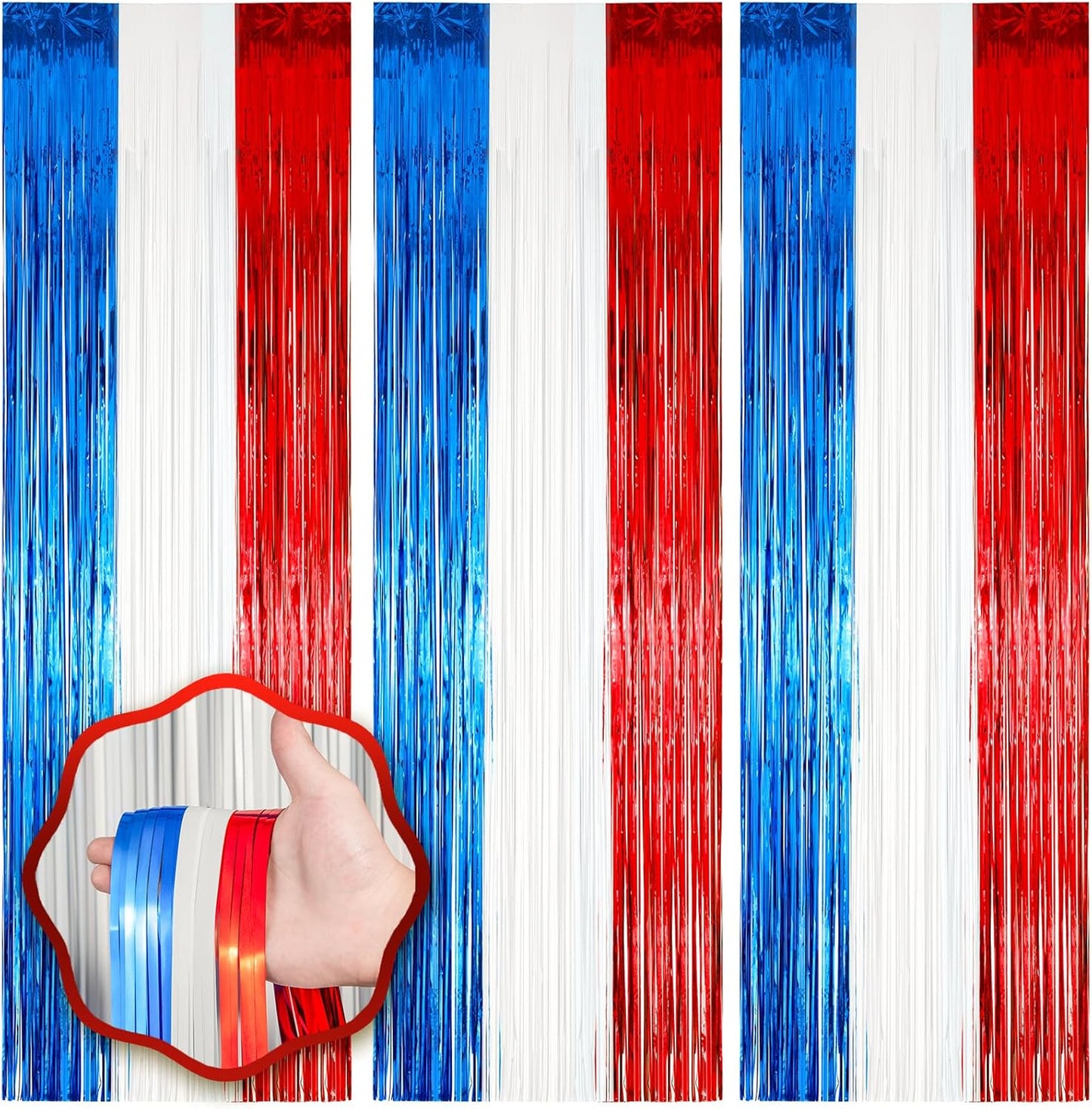 3 Pack 3.3 x 8.2 ft Red White and Blue Foil Fringe Backdrop Curtains, Tinsel Streamers Party Decorations, Fringe Backdrop for Patriotic, Memorial Day, 4th of July, Independence Day