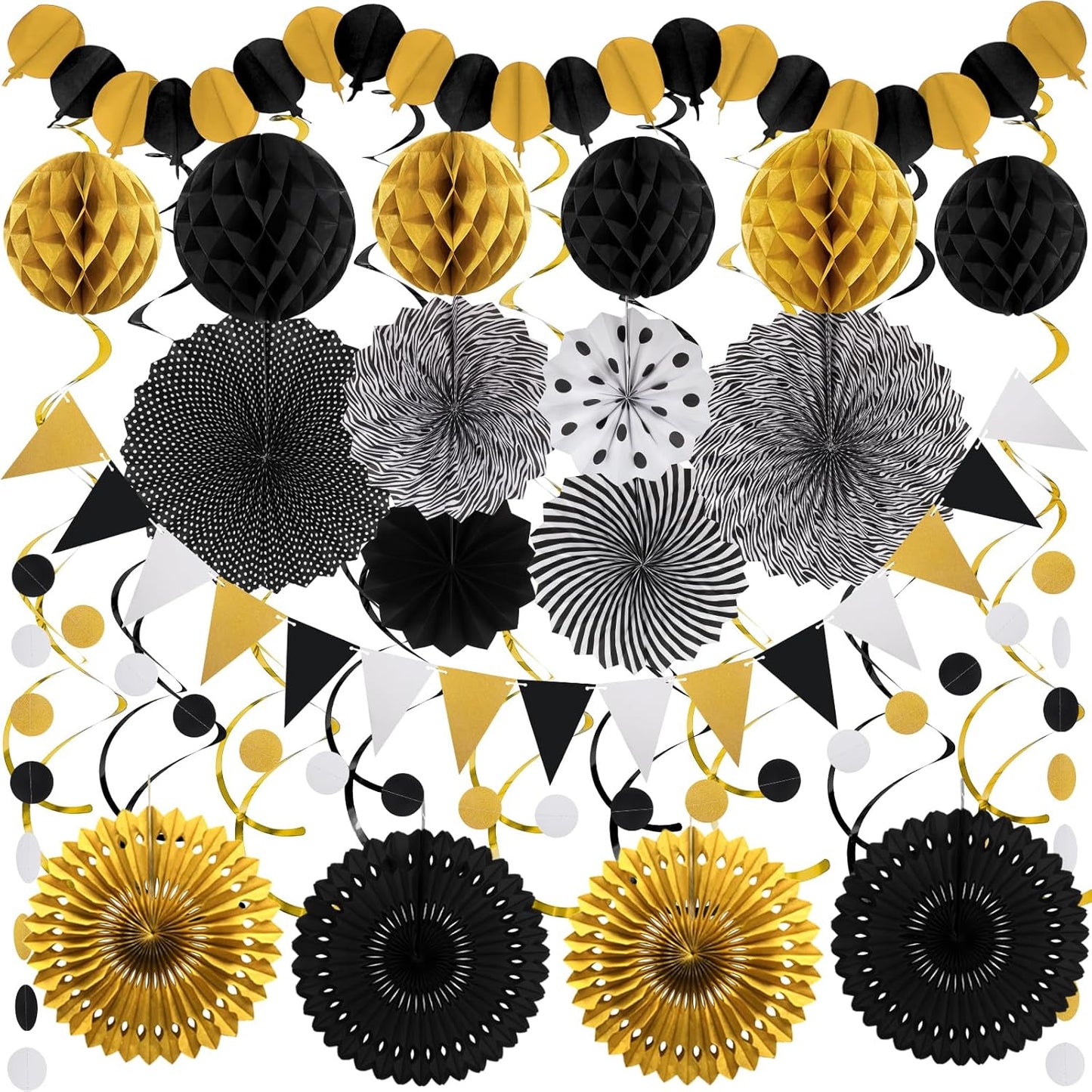 Black Gold Party Decorations, New Years Eve Party Supplies Easy Assembly Paper Fan Honeycomb Ball Garland Hanging Swirl for Graduation Congrats Grad Birthday Happy New Year Party