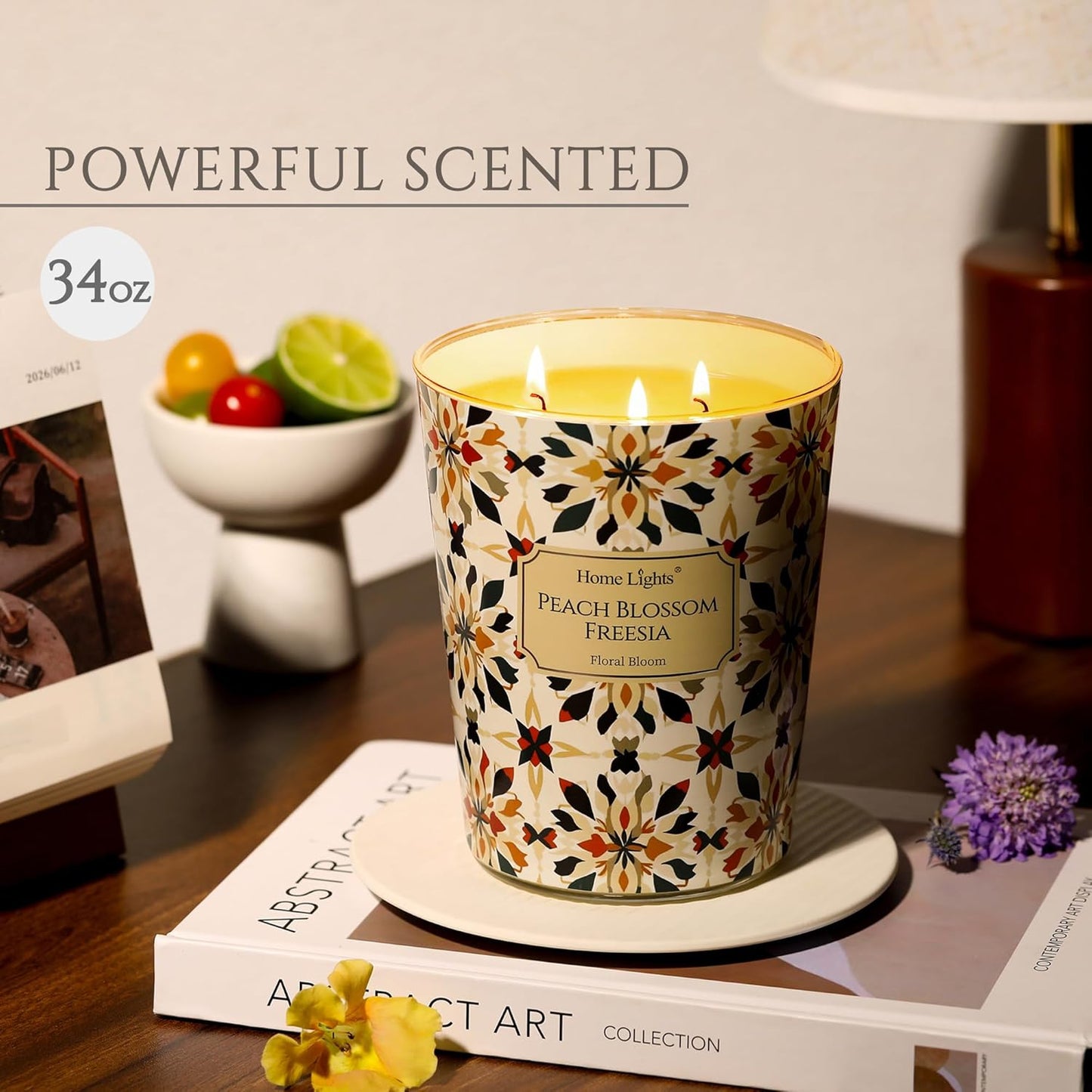 HomeLights 3-Wick Candles for Home Scented - 34oz Soy Wax Blend Candle Long-Lasting Fragrance, Bohemian Natural Textures Home Decor and Housewarming Gifts, Peach Blossom Freesia