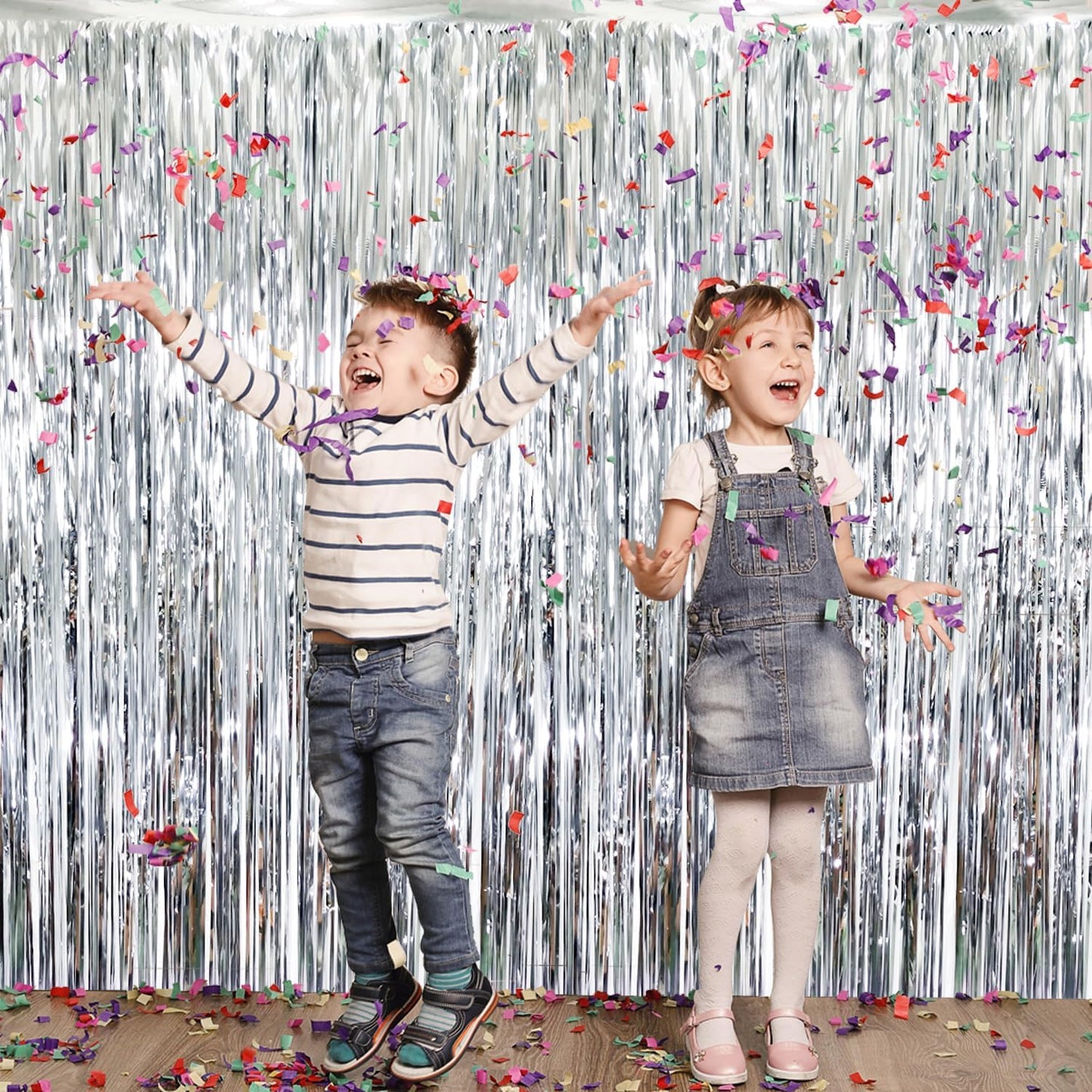 GOER 6.4 ft x 8.2 ft Metallic Tinsel Foil Fringe Curtains,Pack of 2 Party Streamer Backdrop for Birthday,Graduation Decorations and New Year Eve (Silver)