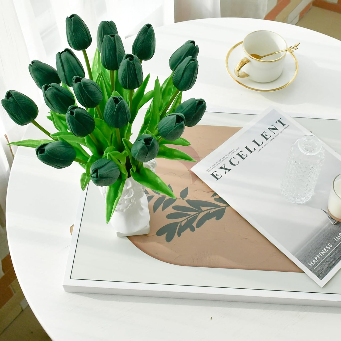 Mandy's Artificial Tulips 20 Stems Dark Green PU Faux Flowers for Wedding Home Decor 13.5 Inch